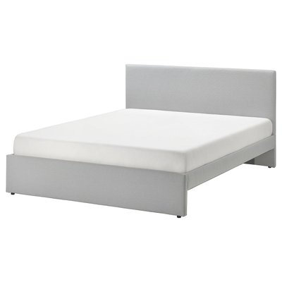 IKEA GLADSTAD Upholstered bed frame Queen Grey upholstered bed with padded headboard and storage.