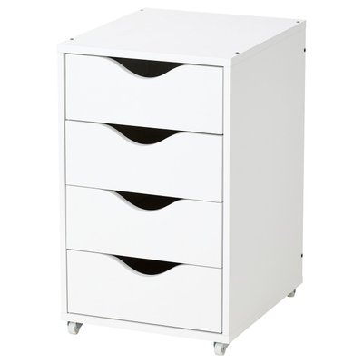 IKEA FRIIDROTT Drawer unit on casters 13 3/4x22 " White mobile filing cabinet with 4 drawers, smooth casters, black hand