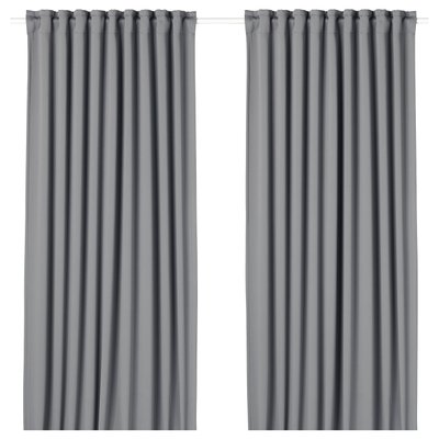 IKEA MAJGULL Black-out curtains, 1 pair 57x84 " Grey recycled polyester curtains with pleats, side by side, chic design.
