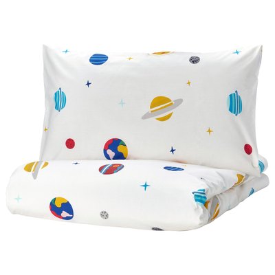 IKEA AFTONSPARV Duvet cover and pillowcase Twin A white bedding set with colourful planets and stars, named AFTONSPARV, 